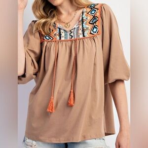 Easel Tan Blouse with Colorful Embroidery